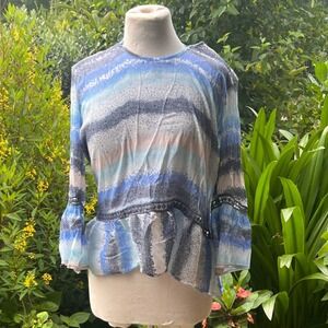 Zac & Rachel Blue White Abstract Stripe Bell Sleeve Peplum Top Crochet Trim M